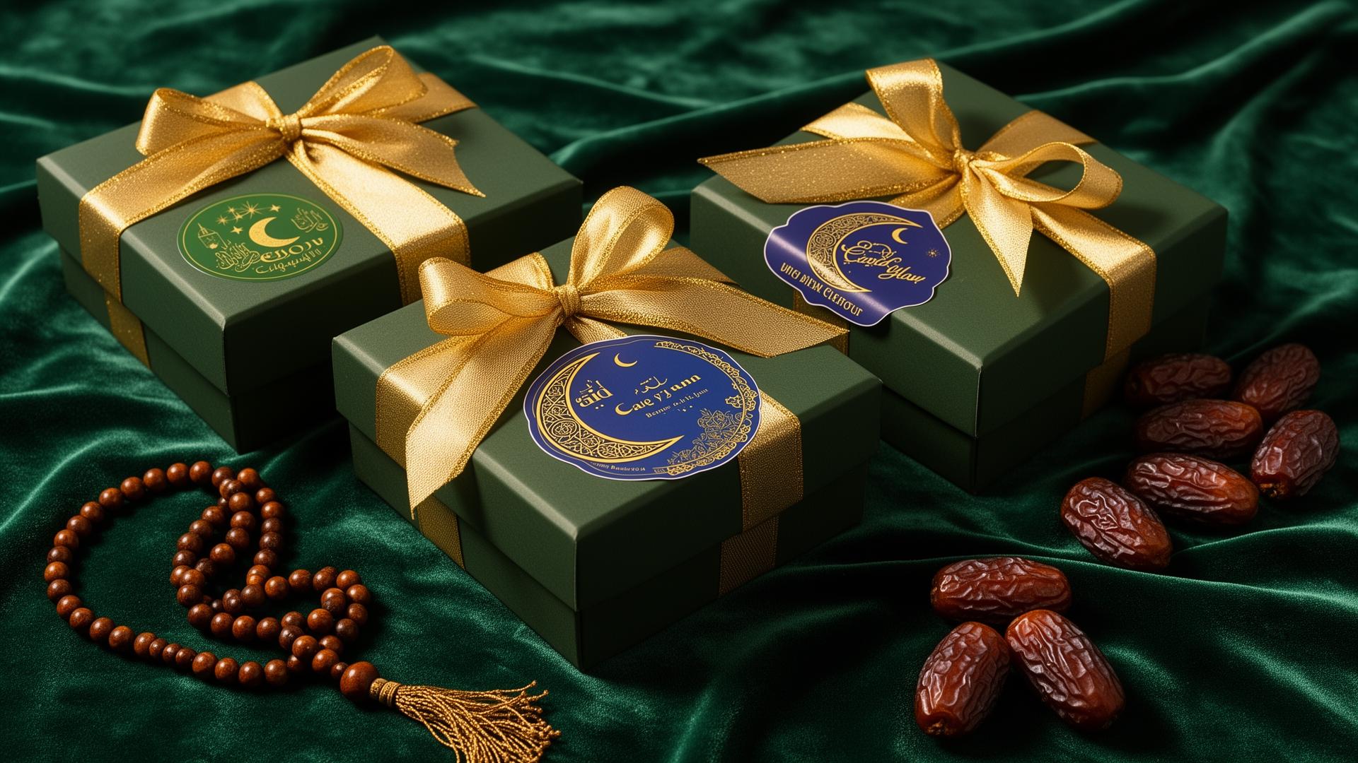 Personalized Eid gift boxes with gold ribbons
